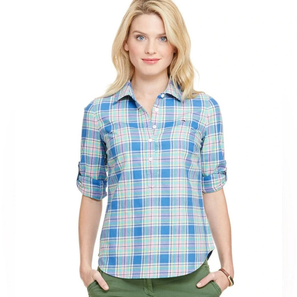 Vineyard Vines Little River Plaid Popover Shirt Women’s Size 0 Pink Green Blue - Picture 7 of 8